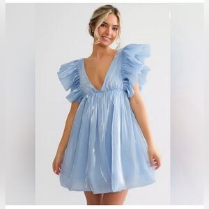 Storia Deep V-Neck Sheen Light Blue Puff Ruffle Sleeve Mini Dress Sz L Couquette